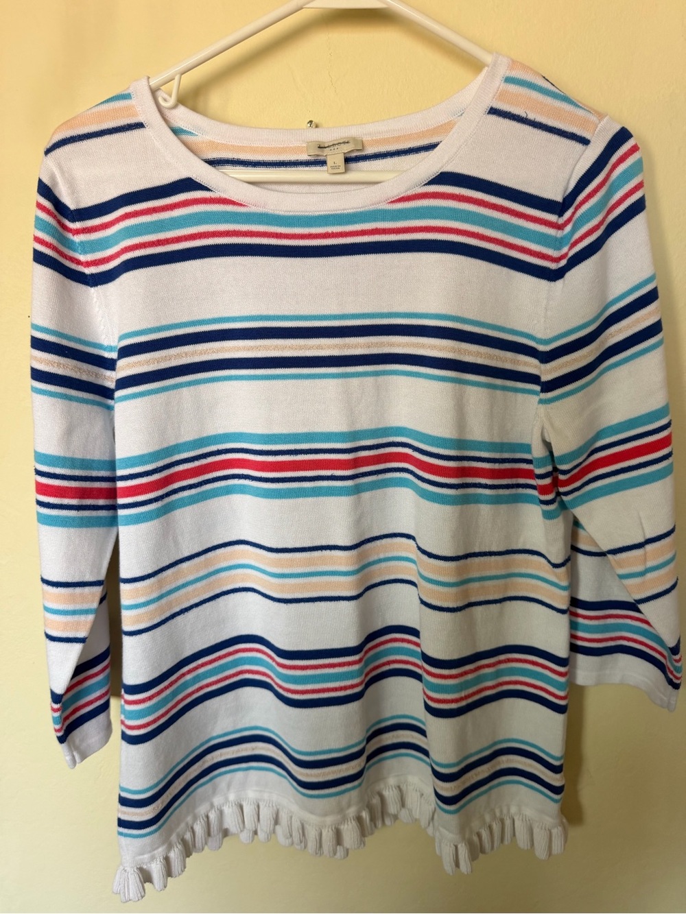 Talbots White Sweater with Multicolor Stripes and Tassel Hem